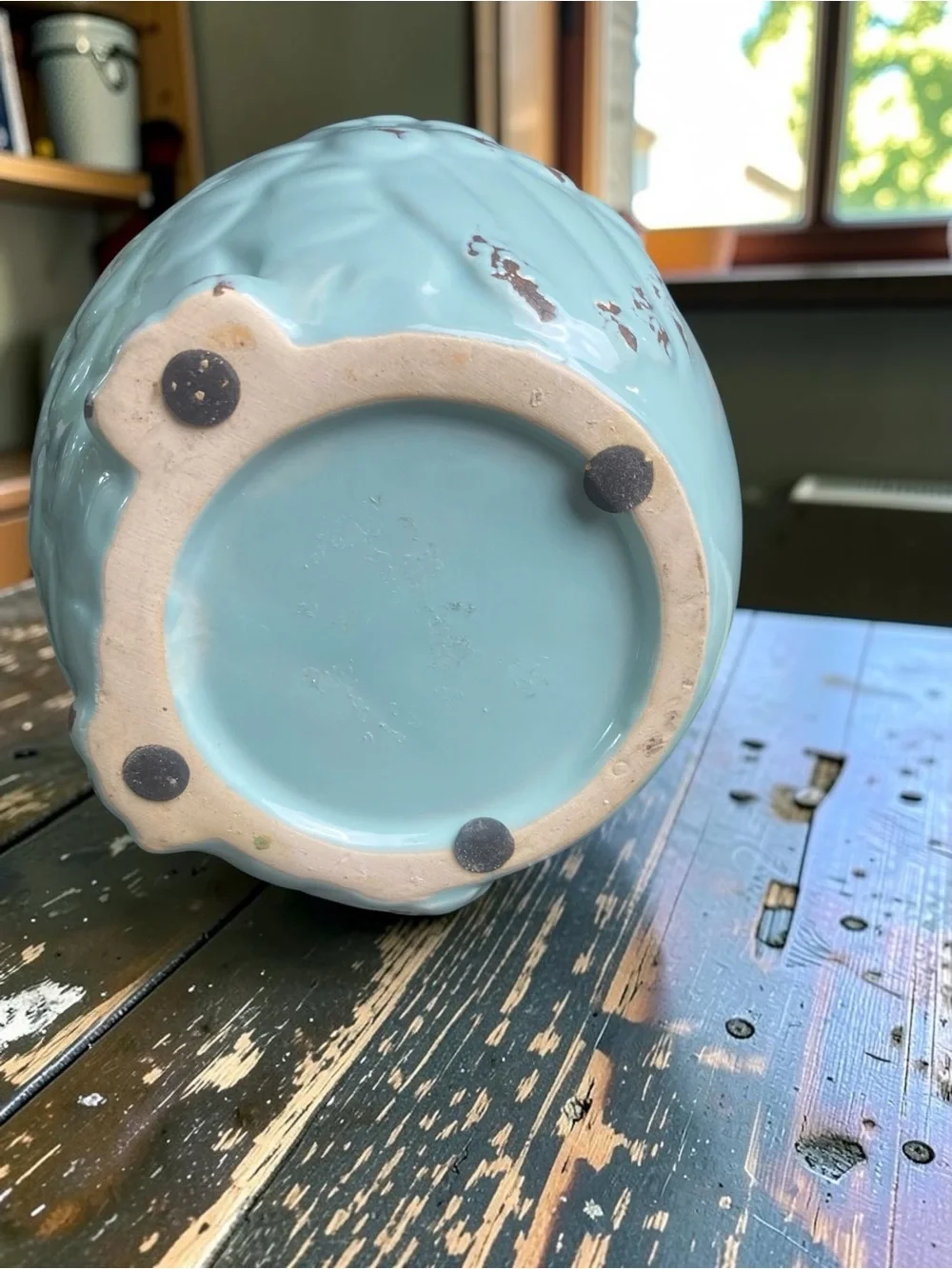 Decorative Owl Ceramic canister - light turquoise with Brown rustic patina EUC